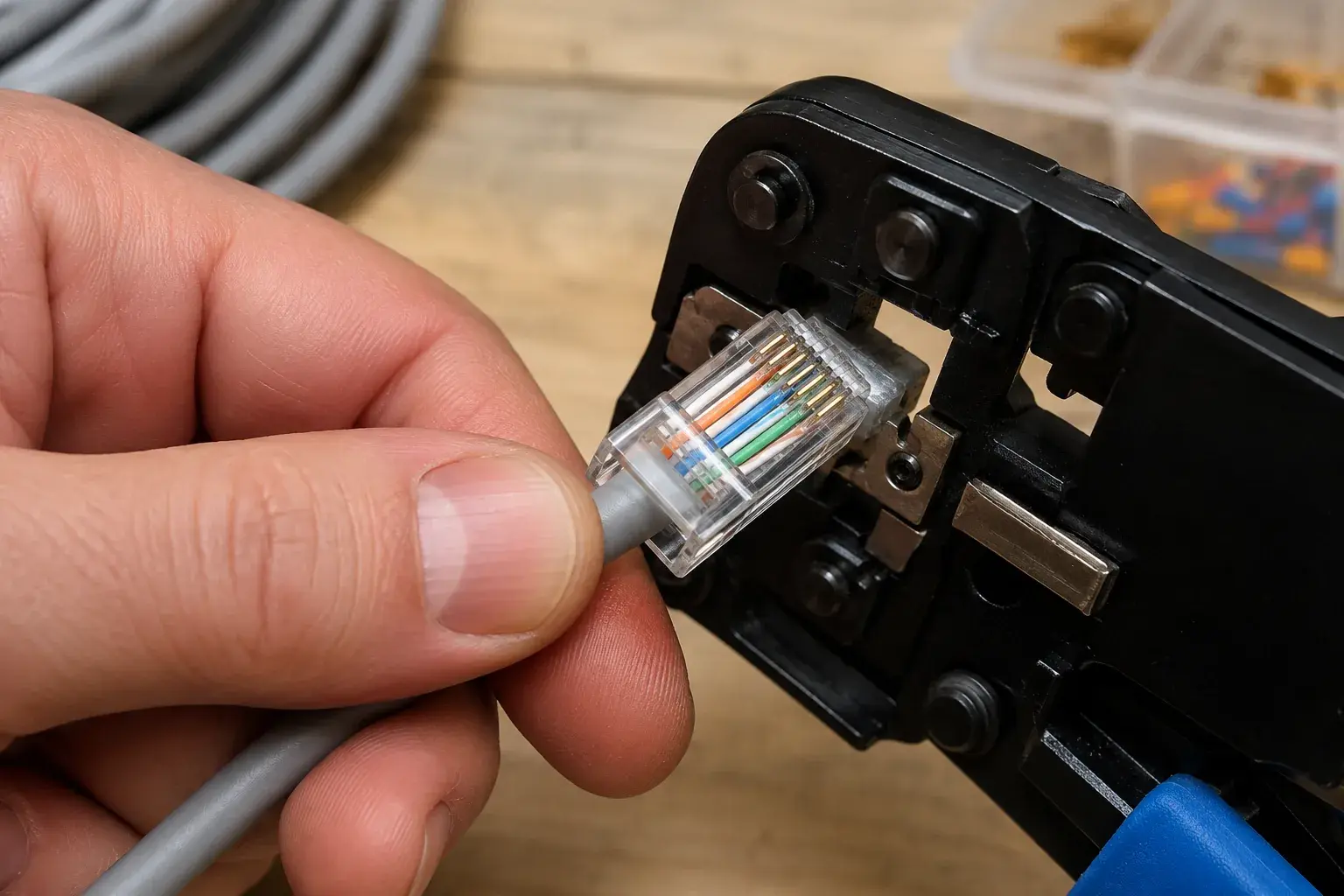 RJ45-Stecker mit farblich sortierten Adern