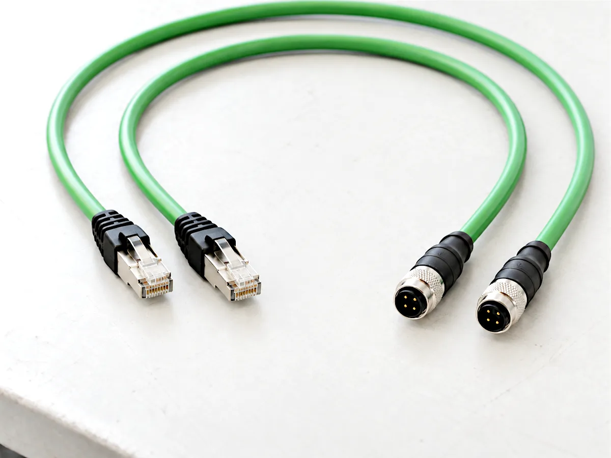 Zwei grüne Industrial-Ethernet-Leitungen mit RJ45- und M12-Steckern