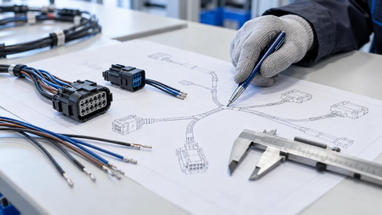 Technische Zeichnung eines Kabelbaums mit Steckermustern und Messschieber